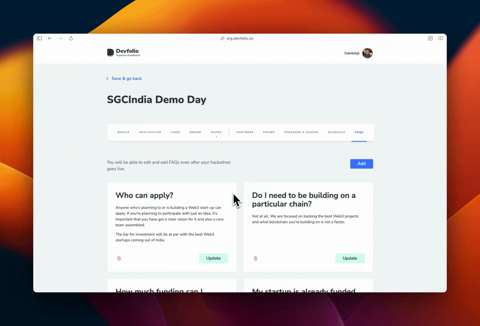 Add FAQs modal in organizer dashboard