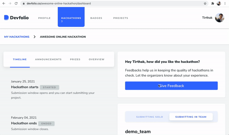 Feedback form on dashboard