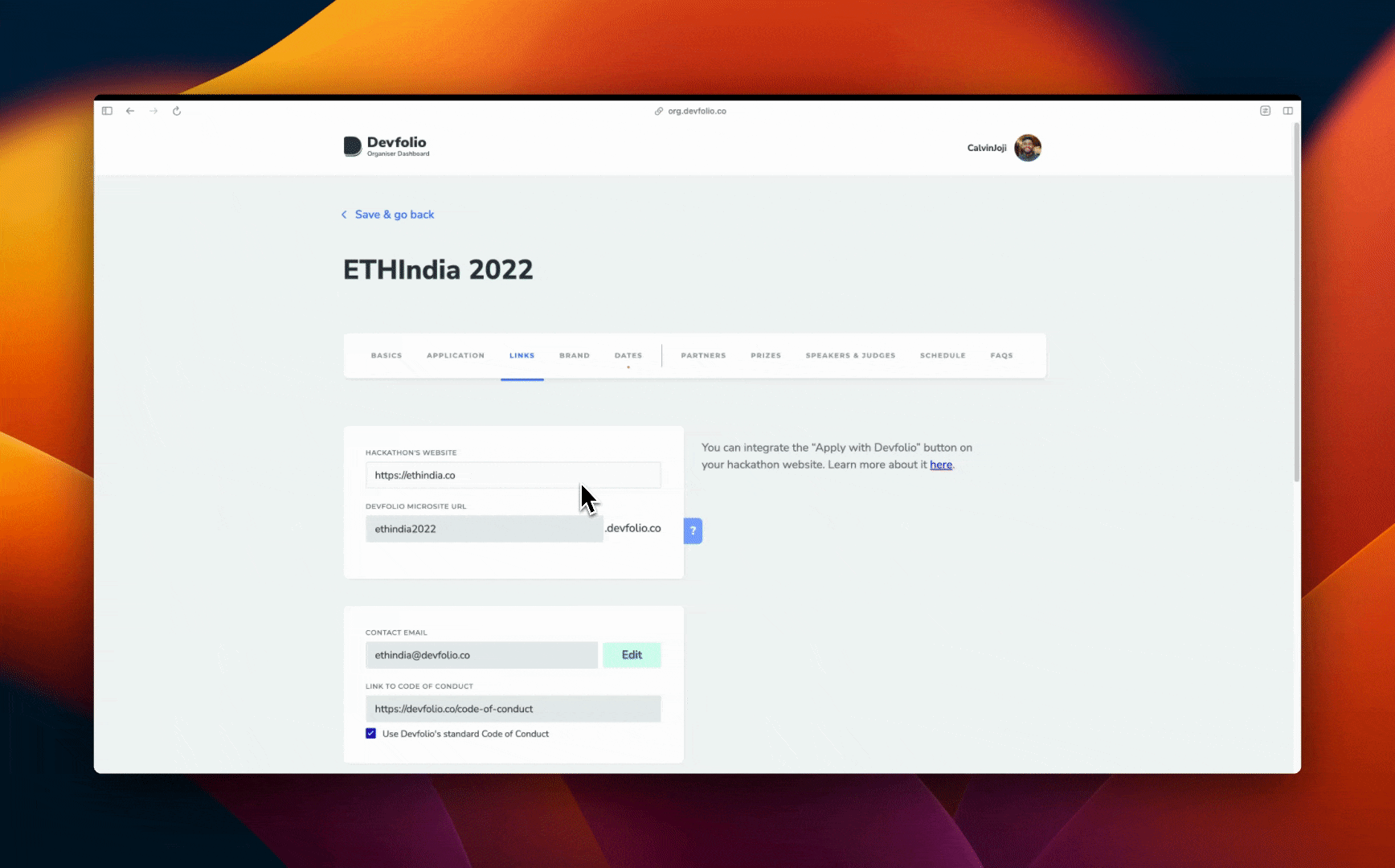 Links tab UI